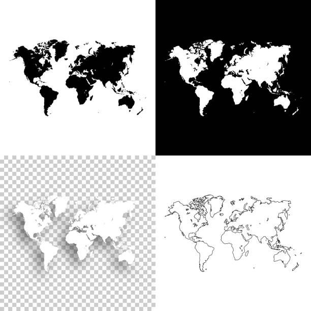 World maps for design - Blank, white and black backgrounds Map of World for your own design. With space for your text and your background. Four maps included in the bundle: - One black map on a white background. - One blank map on a black background. - One white map with shadow on a blank background (for easy change background or texture). - One blank map with only a thin black outline (in a line art style). The layers are named to facilitate your customization. Vector Illustration (EPS10, well layered and grouped). Easy to edit, manipulate, resize or colorize. Please do not hesitate to contact me if you have any questions, or need to customise the illustration. http://www.istockphoto.com/portfolio/bgblue black background shape white paper stock illustrations