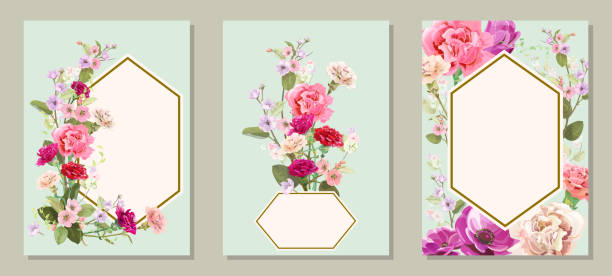 Set of vertical cards for Mother's Day with carnation, poppy, spring blossom: red, pink, white flowers, leaves, vintage background, botanical illustration, watercolor style, polygonal frame, vector Set of vertical cards for Mother's Day with carnation, poppy, spring blossom: red, pink, white flowers, leaves, vintage background, botanical illustration, watercolor style, polygonal frame, vector blossom flower plum white stock illustrations