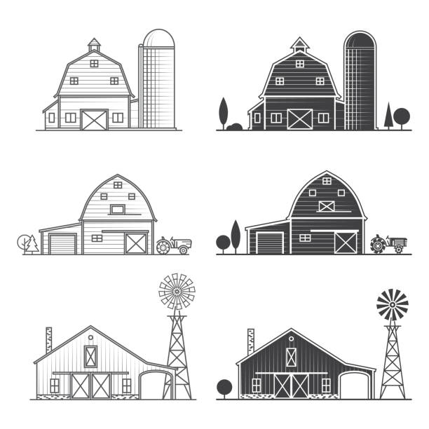 ilustraciones, imágenes clip art, dibujos animados e iconos de stock de conjunto de icono de granja americana de línea delgada - agriculture field tractor landscape