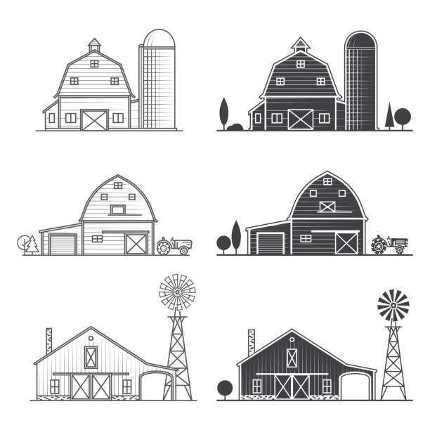 zestaw cienkiej linii amerykańskiej ikony farmy - agriculture field tractor landscape stock illustrations