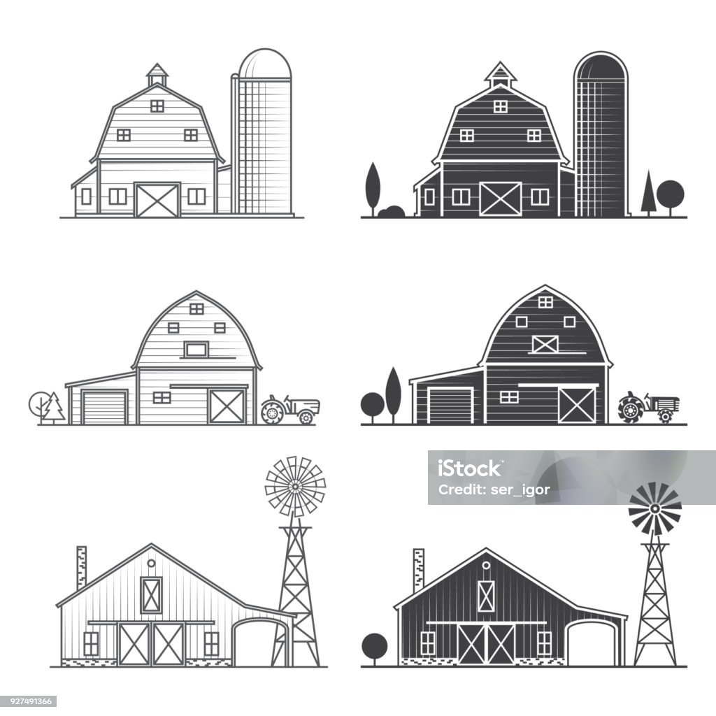 Set of thin line american farm icon Set of thin line and silhouette american farm icon. Vector dark grey. For web design and application interface, also useful for infographics. Vector illustration. Barn stock vector