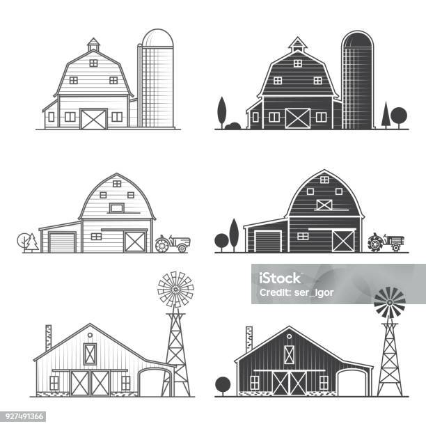 Set Of Thin Line American Farm Icon Stock Illustration - Download Image Now - Barn, Silo, Vector