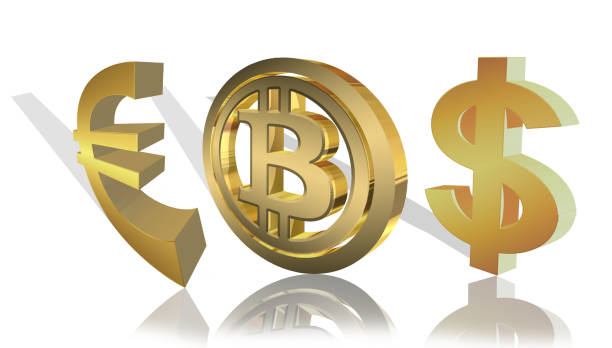 istock Euro, bitcoin, dollar-golden logos rendered in 3d on a white background 927495808