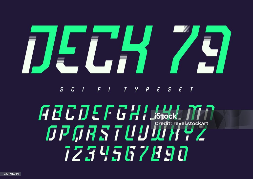 Deck 79 vector futuristic industrial display typeface design, al Deck 79 vector futuristic industrial display typeface design, alphabet, character set, font, typography, letters and numbers. Swatch color control. Sport stock vector