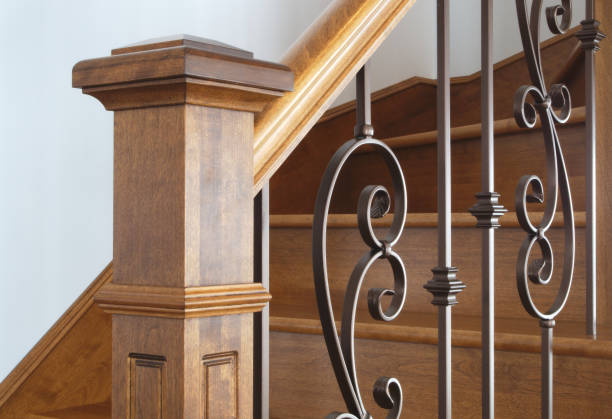 wood stairs newel handrail staircase home interior classic victorian style stock photo