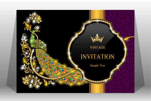 illustrations, cliparts, dessins animés et icônes de modèles de carte invitation mariage cardindian d’or de mariage modelé et cristaux sur papier couleur background.s 2019858 - traditional ceremony sign symbol wedding