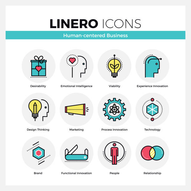 Human Centered Business Linero Icons Set Line icons set of human-centered business, brand model. Modern color flat design linear pictogram collection. Outline vector concept of mono stroke symbol pack. Premium quality web graphics material. in the center stock illustrations