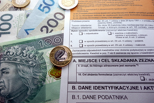 Polish tax declaration form PIT-37 on money, finance taxation concept