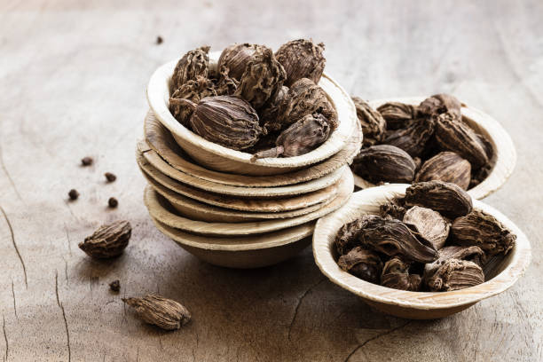 Black cardamom in bowls on wooden background Black cardamom in bowls on wooden background indian spice close-up cardamom stock pictures, royalty-free photos & images