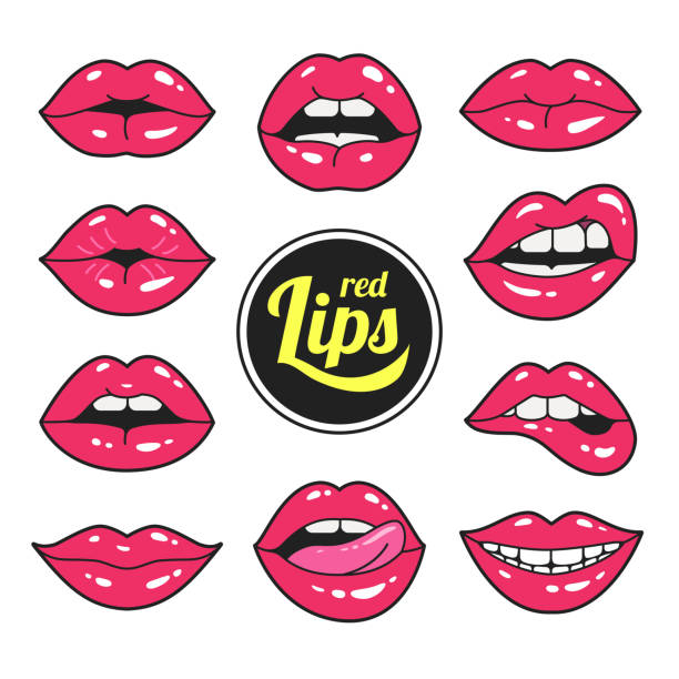 Lips patches collection. Vector illustration of sexy doodle woman's lips expressing different emotions, such as smile, kiss, half-open mouth, biting lip, lip licking, tongue out. Isolated on white. mouths kissing stock illustrations