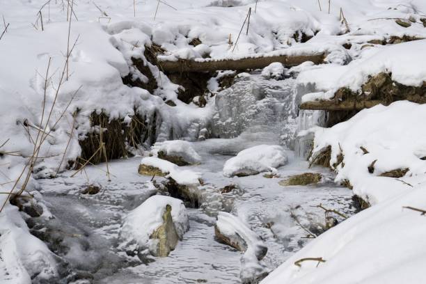 istock Frozen river covered by snow and ice 927534394