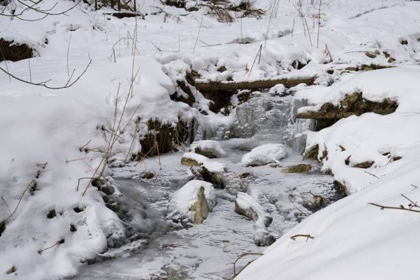 istock Frozen river covered by snow and ice 927534416