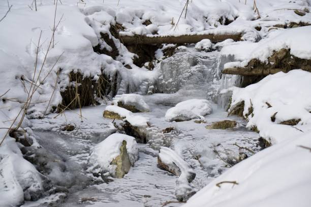 istock Frozen river covered by snow and ice 927534526