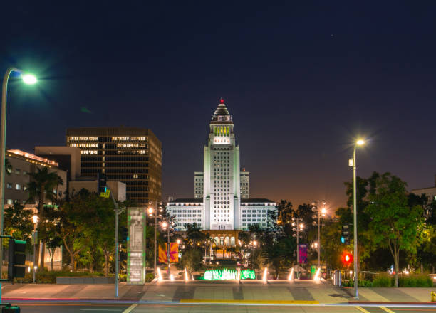 panorama image of downtown los angeles - los angeles city hall imagens e fotografias de stock