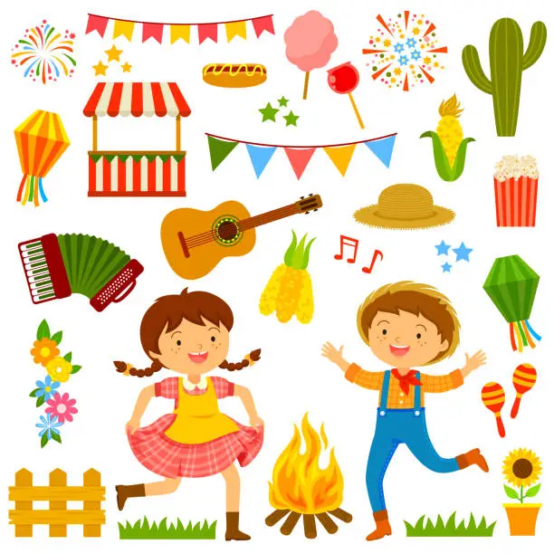 Vector illustration of Festa Junina cartoons set