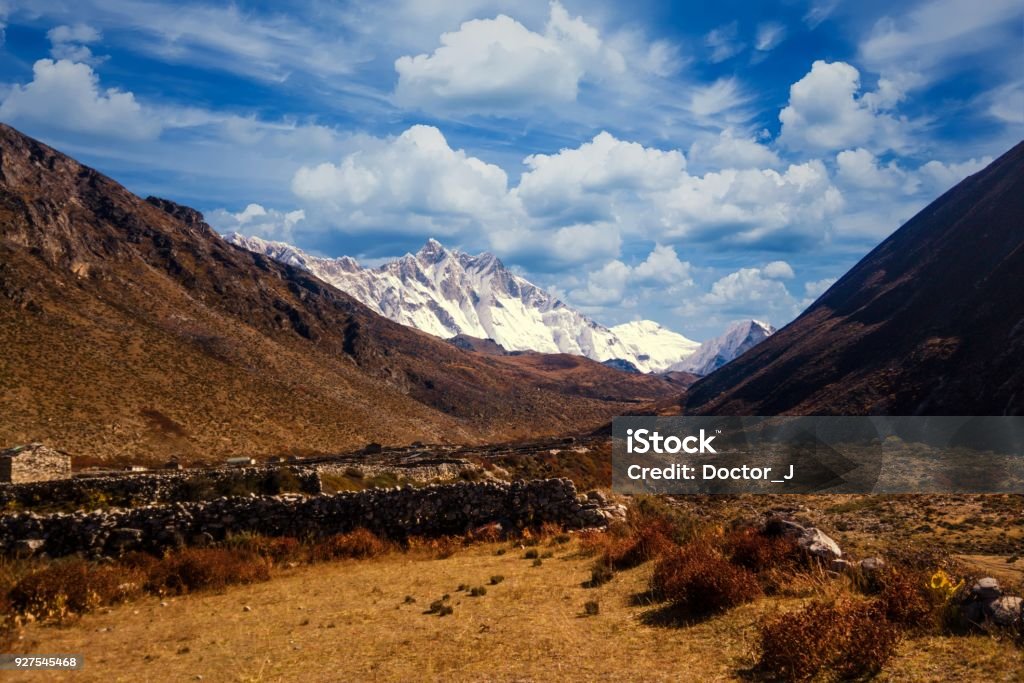 View of Lothse and Island Peak from Dingboche, Everest Region, Nepal Panoramic view of Lothse and Island Peak from Dingboche, Everest Region, Nepal Asia Stock Photo