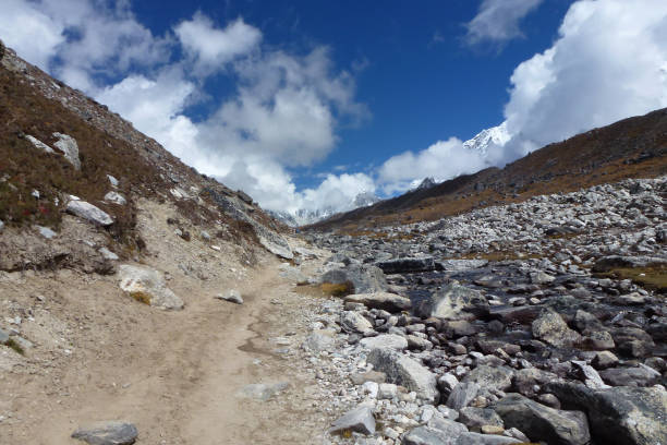 istock Trail in the Lobuche valley with big clouds and blue sky, Everest Base Camp trek, Nepal 927548024