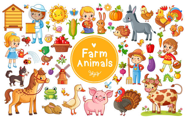 ilustrações, clipart, desenhos animados e ícones de conjunto com animais da fazenda. - domestic pig agriculture farm animal