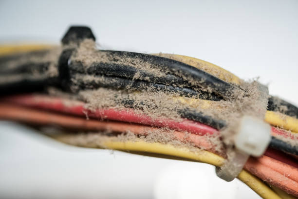 Multi colored wires with dust. stock photo