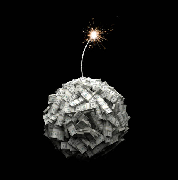 Bomb character looking through magnifying glass isolated on white background. 3d illustration