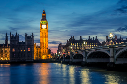 Big Ben and Westminster Bridge by night, London, UK