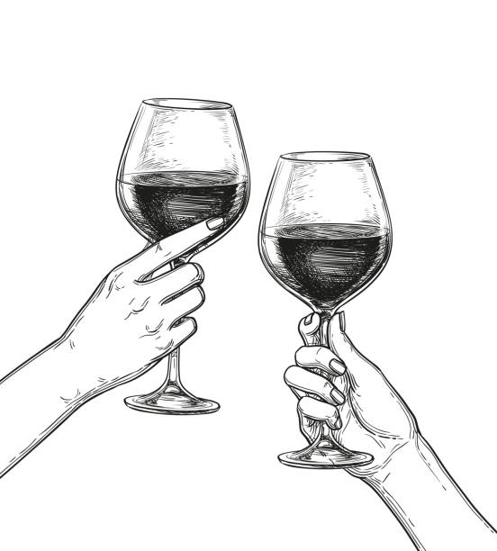 Two hands clinking glasses of wine. Two hands clinking glasses of wine. Ink sketch isolated on white background. Hand drawn vector illustration. Retro style. rosé stock illustrations