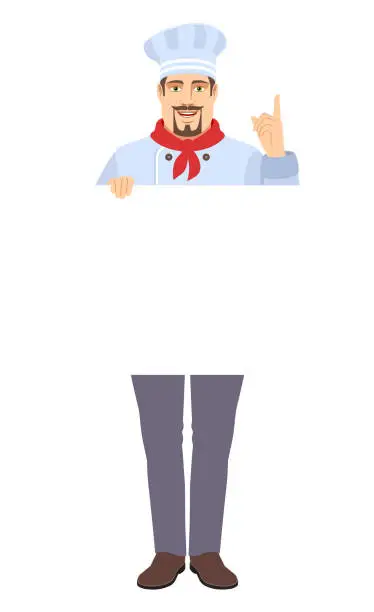 Vector illustration of Chef holding white blank poste and pointing up