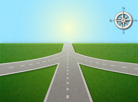 Illustration of empty highway with road junction with compass. Road leading to horizon and sunlit sky. Shading, layered paper effects and textures to create depth. Image with marble effect.