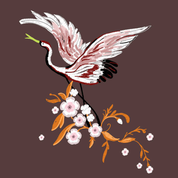 istock cranes with flowers. Embroidery for Fashion. Vector illustration. 927579692