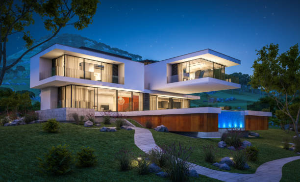 istock 3d rendering of modern cozy house by the river at night 927579710