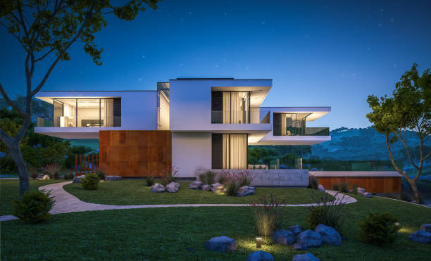 istock 3d rendering of modern cozy house by the river at night 927581842