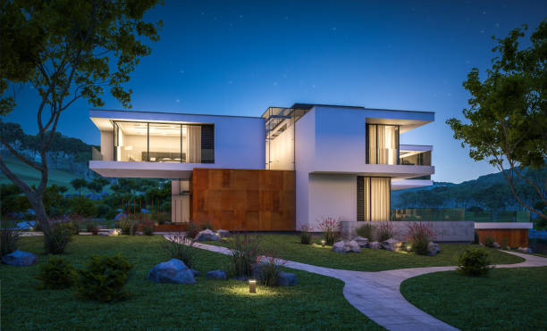 istock 3d rendering of modern cozy house by the river at night 927581892