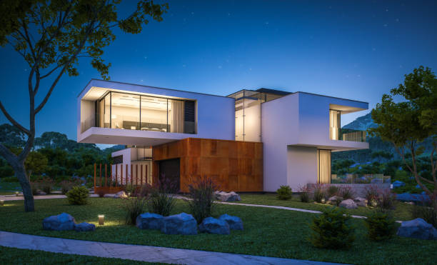 istock 3d rendering of modern cozy house by the river at night 927581908