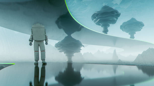 istock Astronaut walking on futuristic road on alien planet 927581940