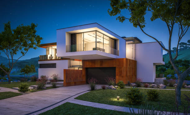 istock 3d rendering of modern cozy house by the river at night 927582066