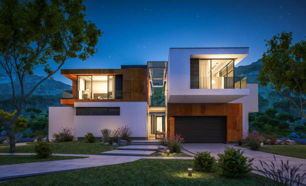 istock 3d rendering of modern cozy house by the river at night 927582166