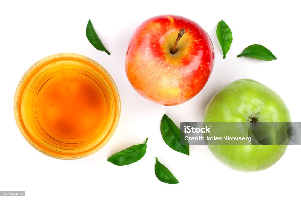 apple with juice and leaves isolated on white background top view. Flat lay pattern apple with juice and leaves isolated on white background top view. Flat lay pattern. Apple - Fruit Stock Photo