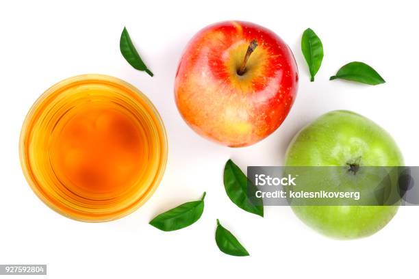 Apple With Juice And Leaves Isolated On White Background Top View Flat Lay Pattern Stock Photo - Download Image Now