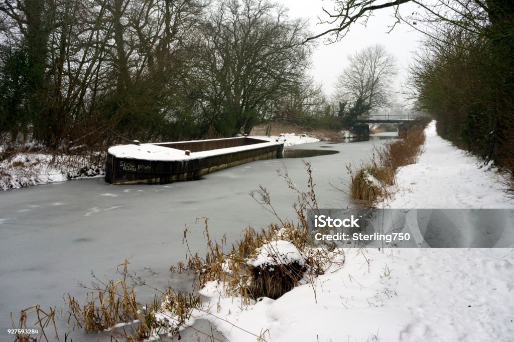 The Basingstoke canal captured during snowfall in late winter Snowy winter scene at the Basingstoke Canal near Odiham in Hampshire Hampshire - England Stock Photo