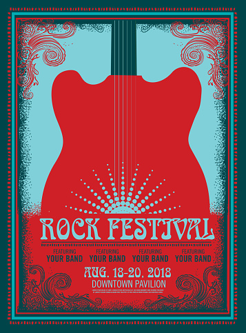 Rock Festival poster design template with electric guitar. Easy to edit.