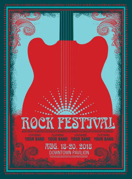 Vector illustration of Rock Festival poster design template with electric guitar