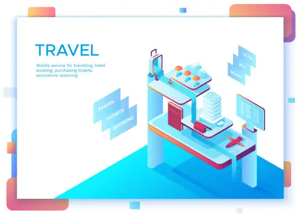 Vector illustration of Mobile travel concept, landing page template with isometric 3d icons of hotel, airplane, smartphone, tickets, passport, application design, vector illustration