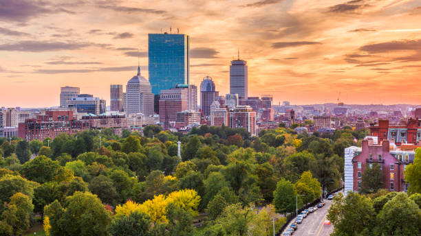 Boston, Massachusetts, USA Boston, Massachusetts, USA downtown skyline over the park. boston skyline night skyscraper stock pictures, royalty-free photos & images