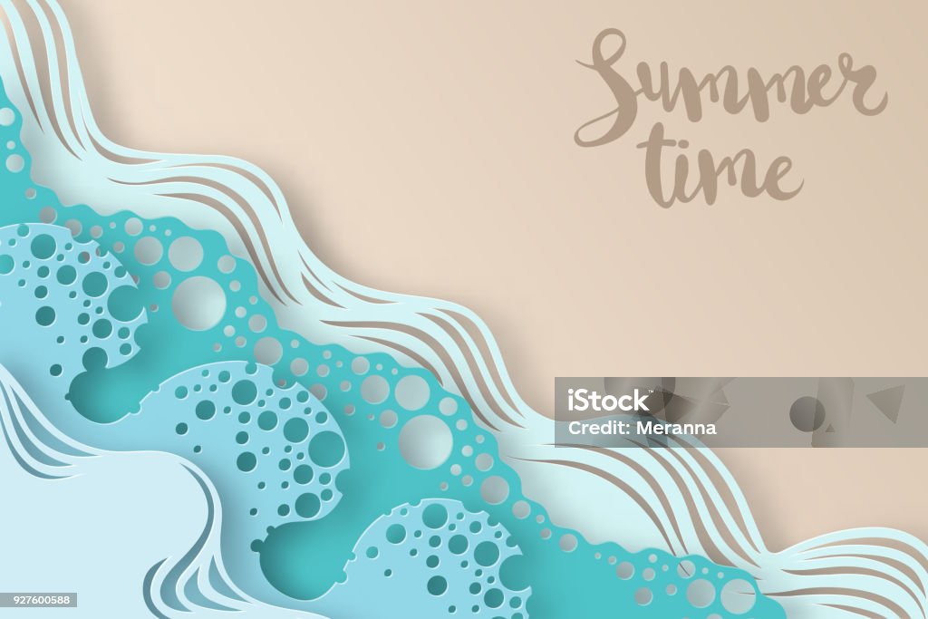 Abstracta de las ondas de agua papel arte mar o el océano y la playa. Fondo de verano con costa. Olas del mar de papel con líneas y burbujas. - arte vectorial de Playa libre de derechos