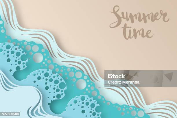 Abstract Paper Art Sea Or Ocean Water Waves And Beach Summer Background With Seacoast Paper Sea Waves With Lines And Bubbles Stock Illustration - Download Image Now