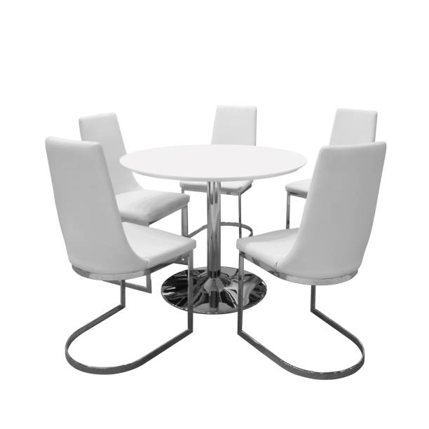 istock Five soft white chairs around circular white table with nobody, Isolated on white background 927600610
