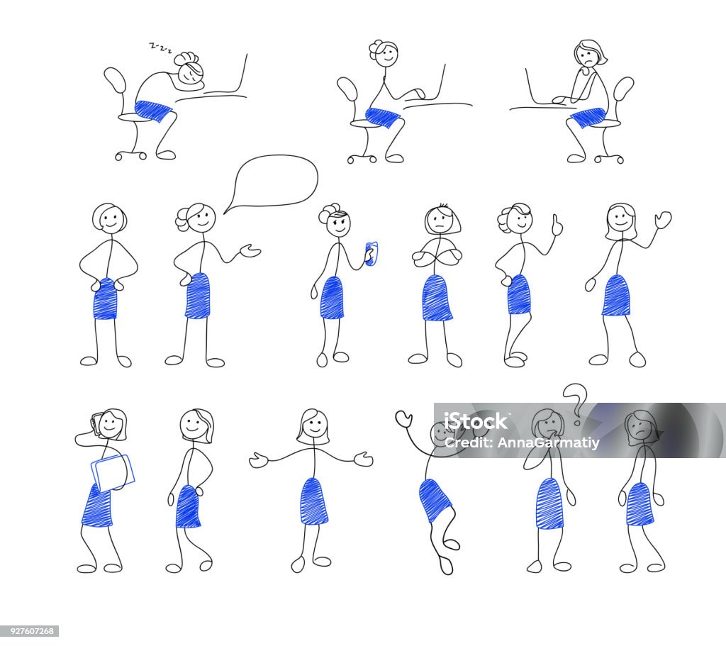 Stick woman in office Collection of stick figures. Set of doodle style women in office. Vector illustration Stick Figure stock vector
