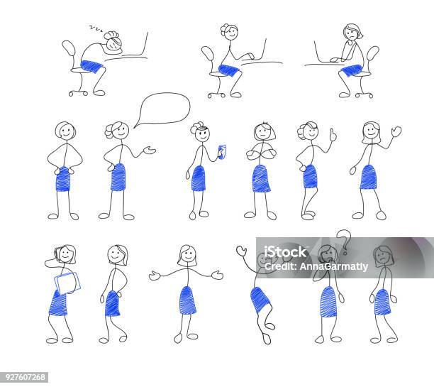 Stick Woman In Office Stock Illustration - Download Image Now - Stick Figure, Drawing - Activity, Drawing - Art Product