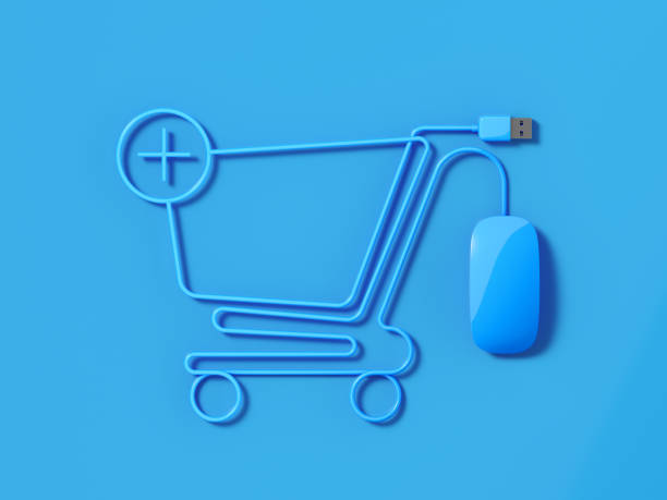 istock Blue Mouse Cable Forming A Shopping Cart With A Plus Symbol On Blue Background 927613746
