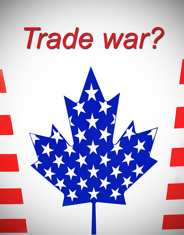 USA and Canada flags combined into one image with Trade War? above the maple leaf.
